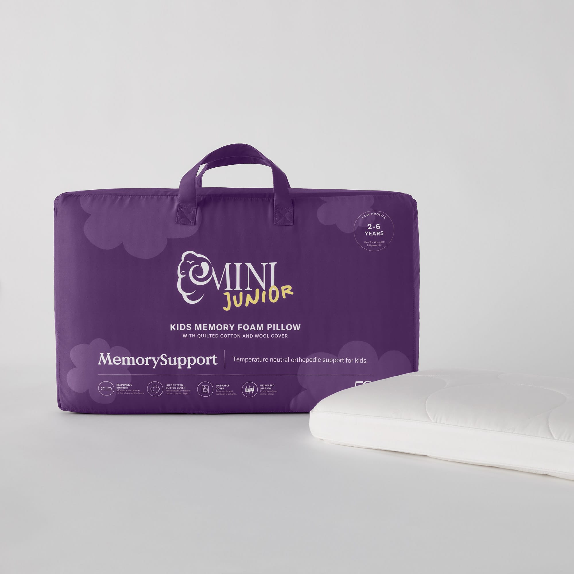 MemorySupportPillow_MiniJunior_2-6 packaging and pillow 